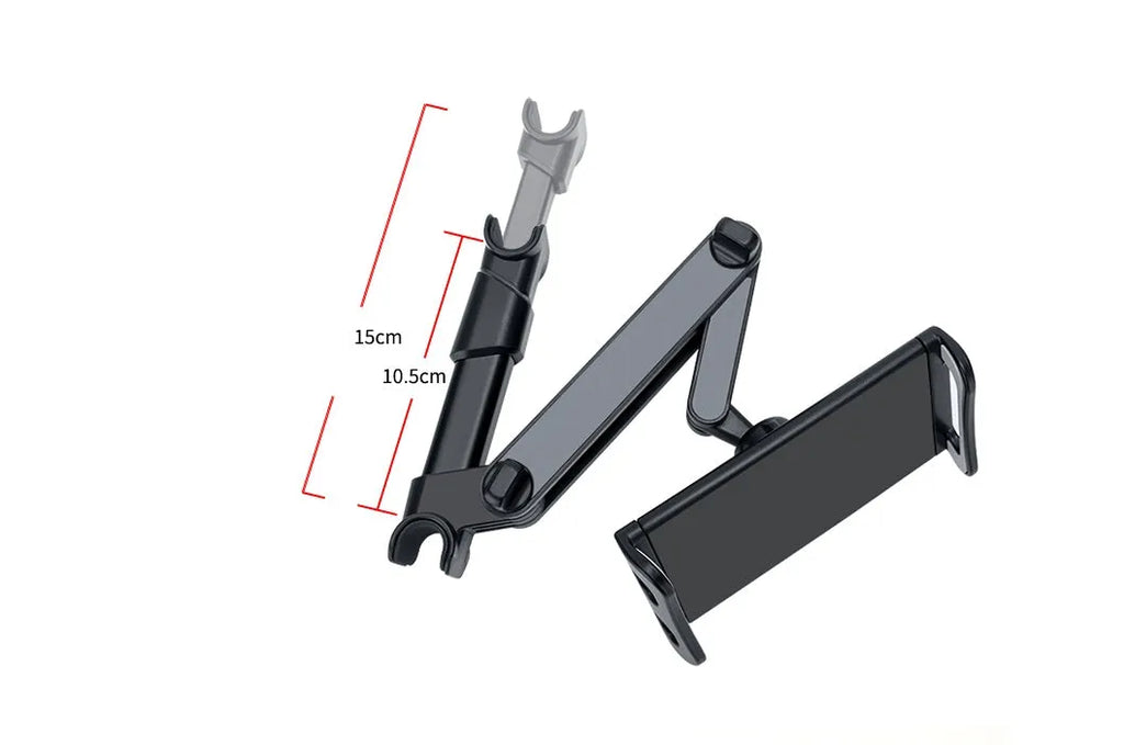 Black car phone holder mounted on vehicle rear seat base with tablet secured in adjustable grip