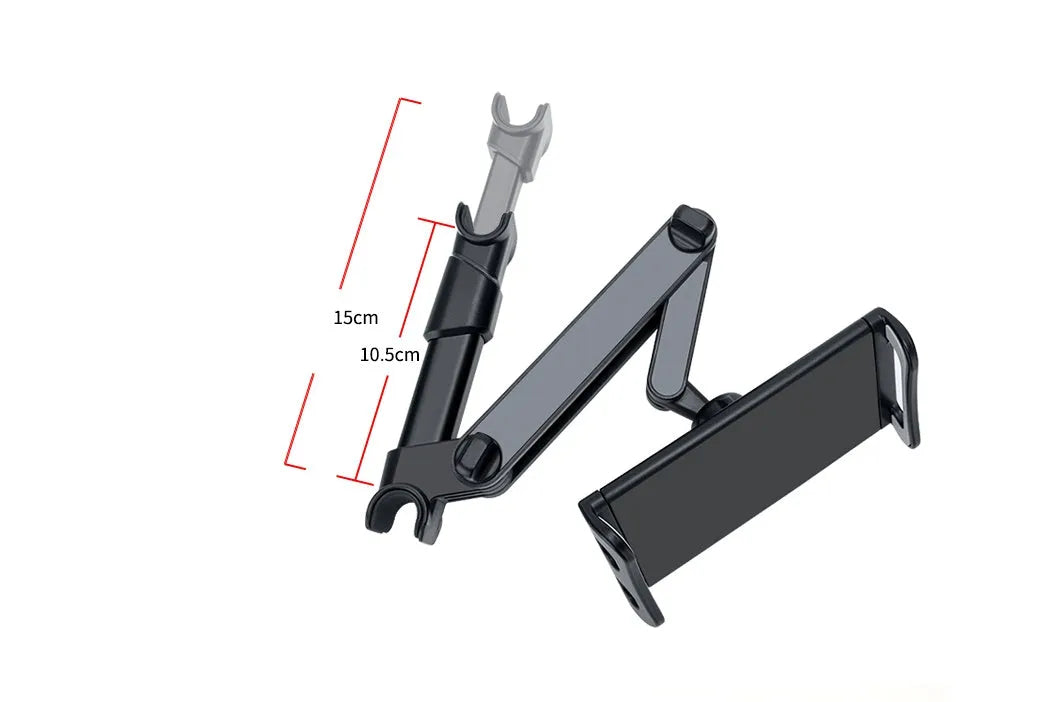 Black car phone holder mounted on vehicle rear seat base with tablet secured in adjustable grip