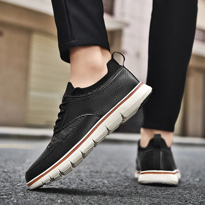 Men's British style casual leather shoes black low top round toe artificial PU upper