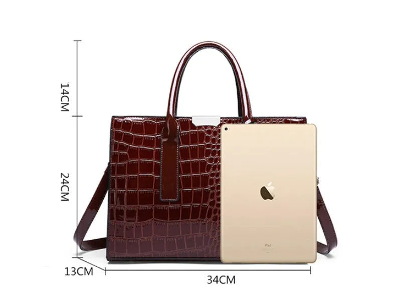 Women's black crocodile pattern cowhide shoulder bag with zip closure and silver tone hardware