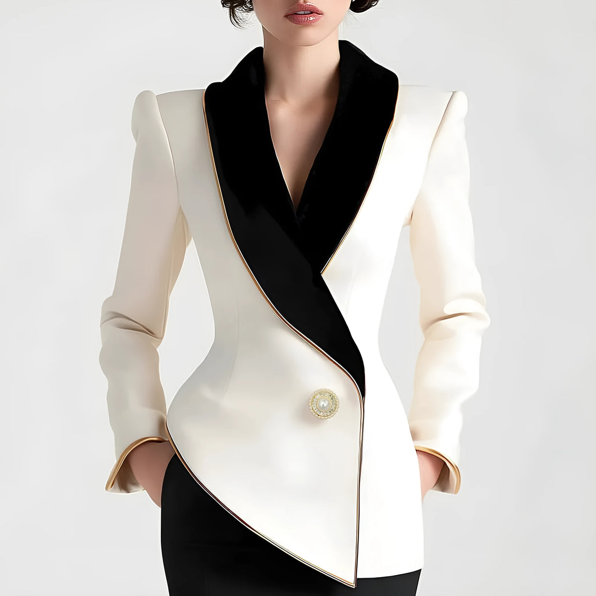 Women's milky white beige coat with pearl buttons and golden edge trim on TR fabric
