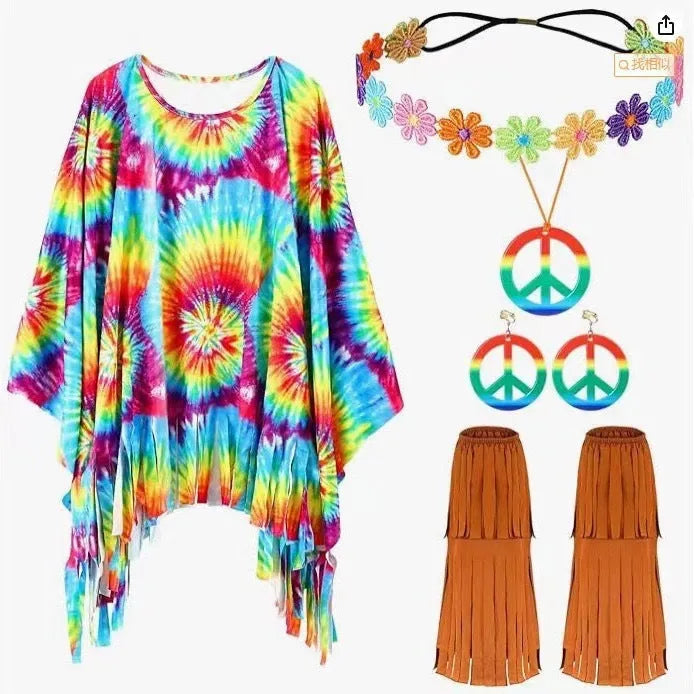Tie dye cloak costume with bell sleeves in rainbow colours made from spandex fabric