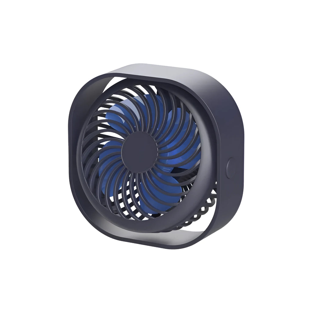 USB desk fan with rotating head in modern alarm clock design, showing colour options