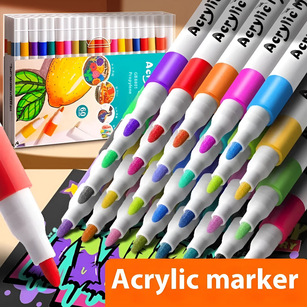 Boxed set of acrylic marker pens showing multiple colour options from 12 to 80 colour selections