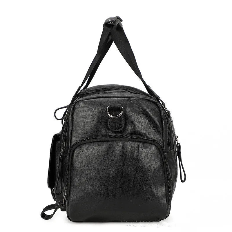 Black PU travel bag with shoe compartment measuring 52cm by 19cm by 27cm