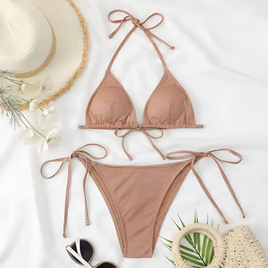 Women's bandage style bikini swimsuit in multiple colours with size chart.