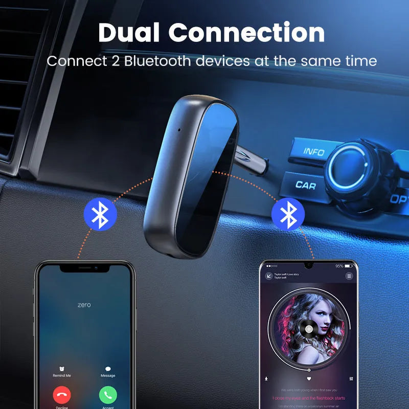 Car aux Bluetooth receiver with 3.5mm audio output and USB charging, Bluetooth 5.0, aptX support