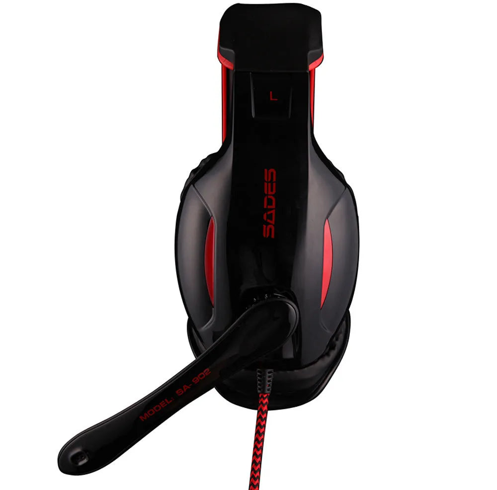 Black SADES SA 902 wired USB gaming headset with over-ear cups and lighting.