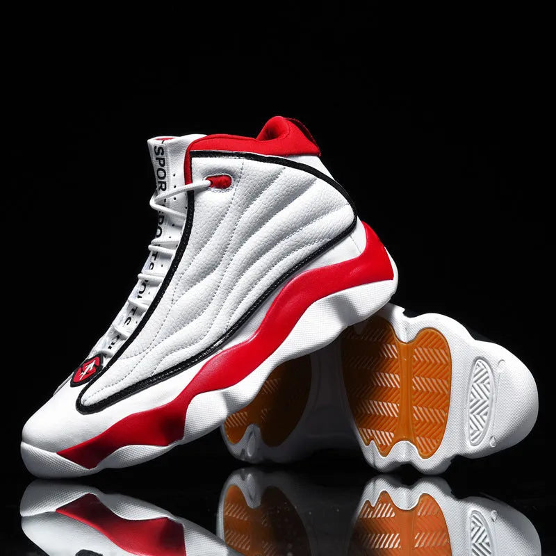 High-top basketball shoes with mesh upper and thick rubber sole in AJ13 colour options