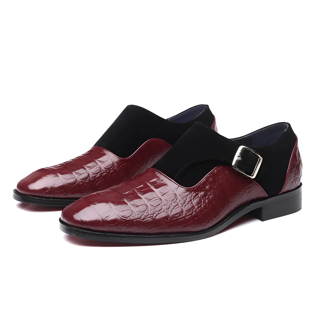 Men's formal pointed toe shoes in black, blue, and brown with artificial PU upper and rubber sole, sizes 37-48.