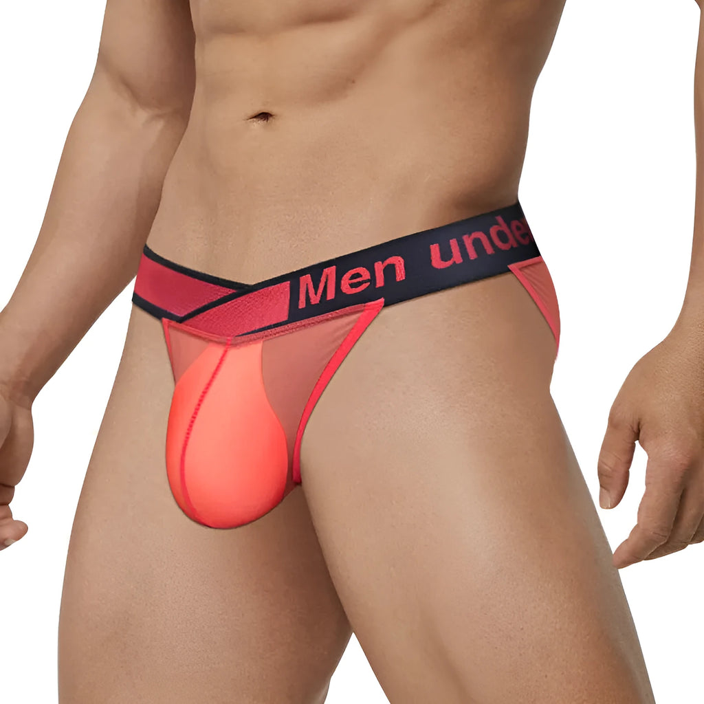 Men's transparent ice silk underwear with large V gradient design in red colour showing low-waist briefs style