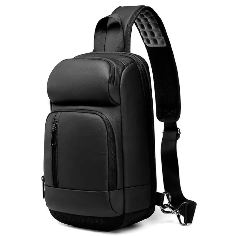 Black PVC outdoor leisure shoulder bag with air cushion strap and internal organiser pockets