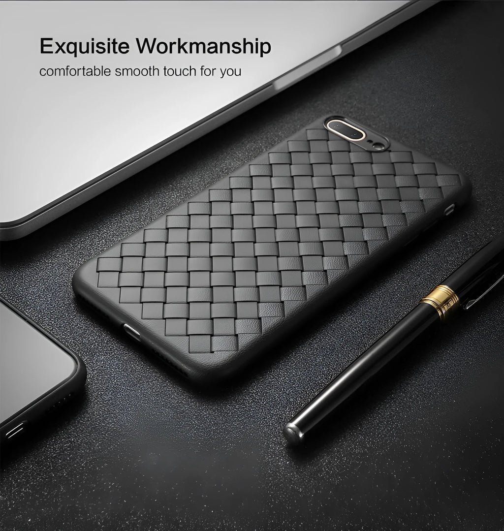Luxury grid weaving patterned iPhone case with raised edges, shown in multiple colours on a table.