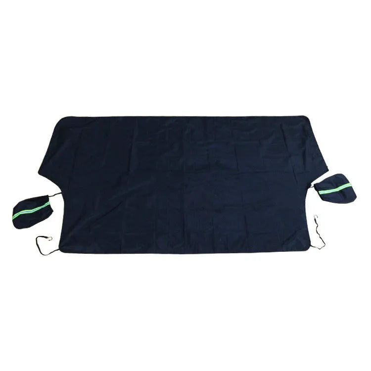 Car windshield snow cover in black and silver waterproof polyester taffeta, 210 x 120cm, with reflective night bar and four magnets.