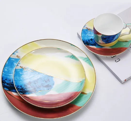 Watercolour dessert plates with real gold edge, 45% bone powder porcelain, 26.5 cm and 20.5 cm sizes, pink yellow blue options.