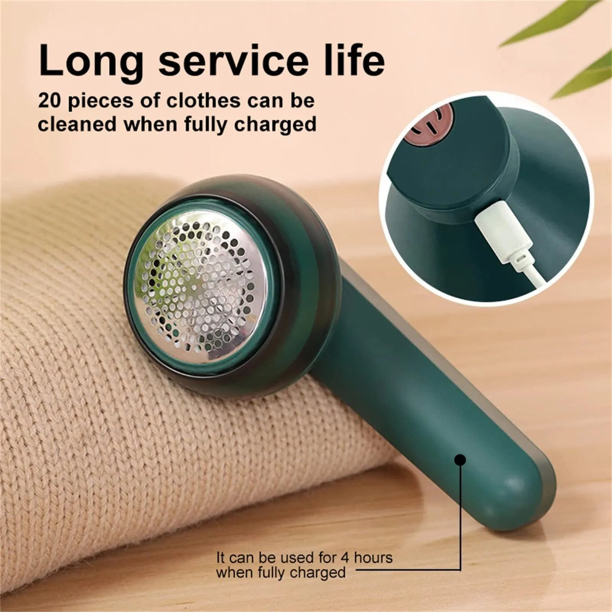 USB rechargeable electric lint remover in white or green with six-leaf stainless steel blade and lint collector container
