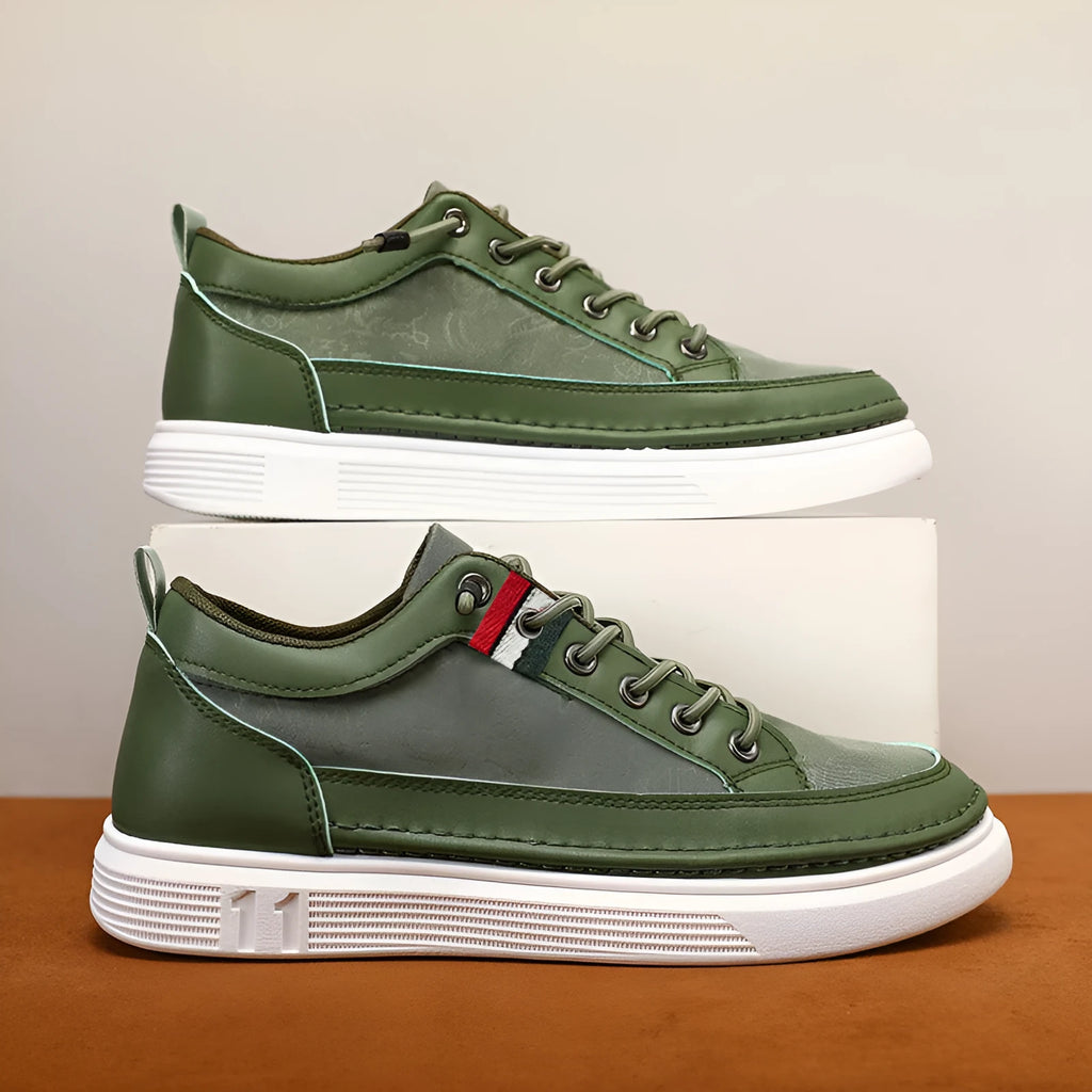 Men's high-cut casual sneakers in black, grey, or green with round toe and PVC sole