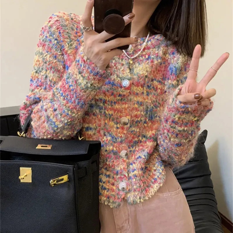Rainbow stripe knitted cardigan sweater in pink or green with retro gentle idle style