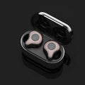 Wireless TWS Bluetooth earbuds in a charging case, shown in available colours like coffee, grey, and red.
