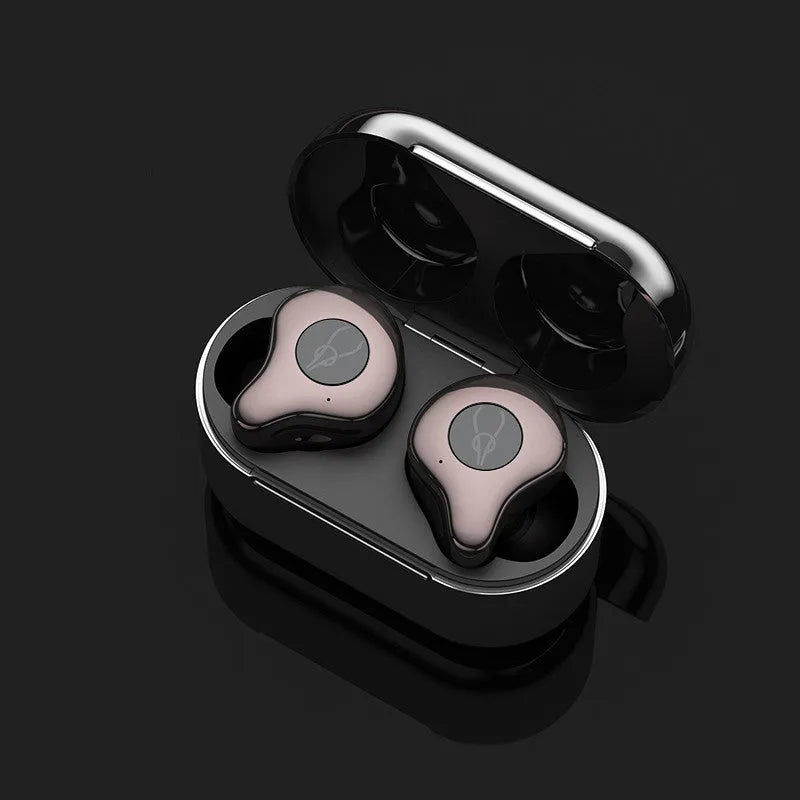 Wireless TWS Bluetooth earbuds in a charging case, shown in available colours like coffee, grey, and red.