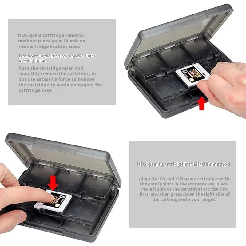 Black NDS 3DS game card storage box holding multiple game cartridges