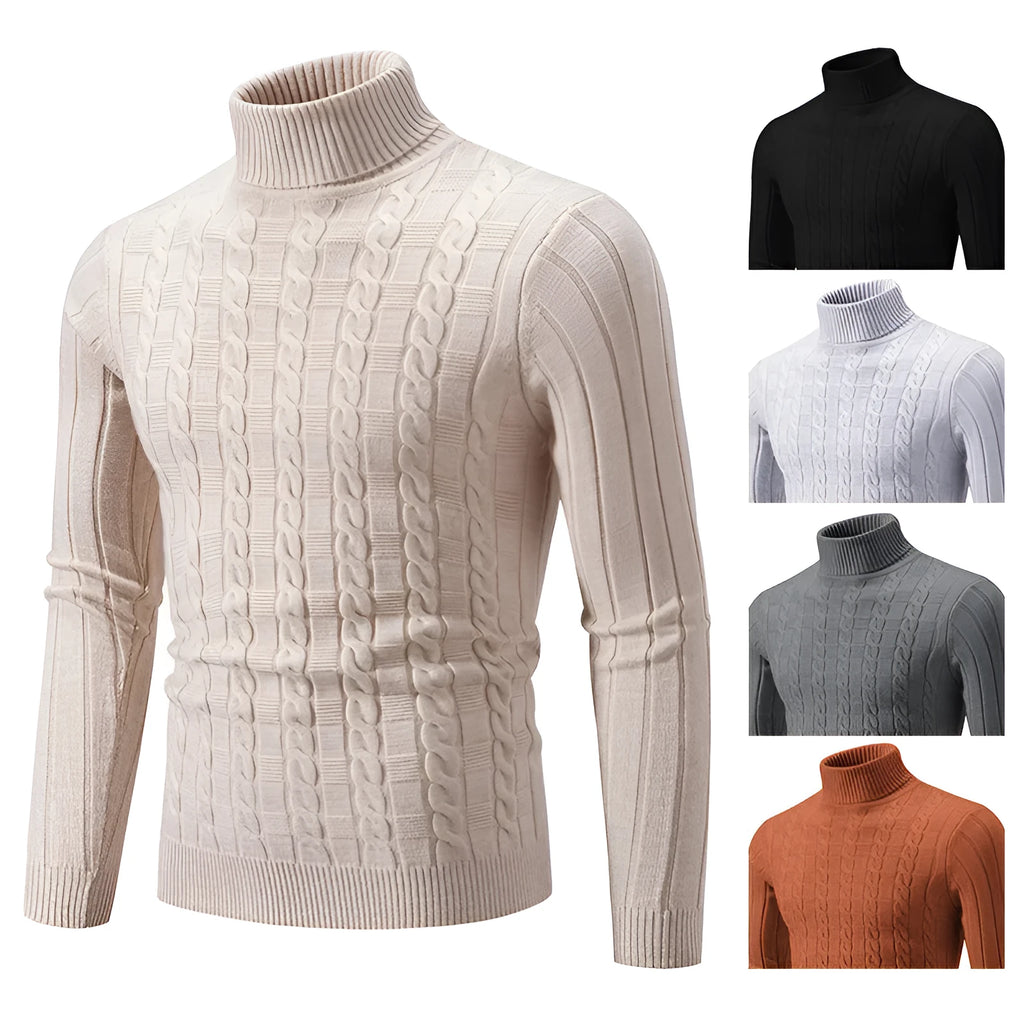 Man wearing a milky white slim-fit twist design turtleneck pullover made of chenille fabric.