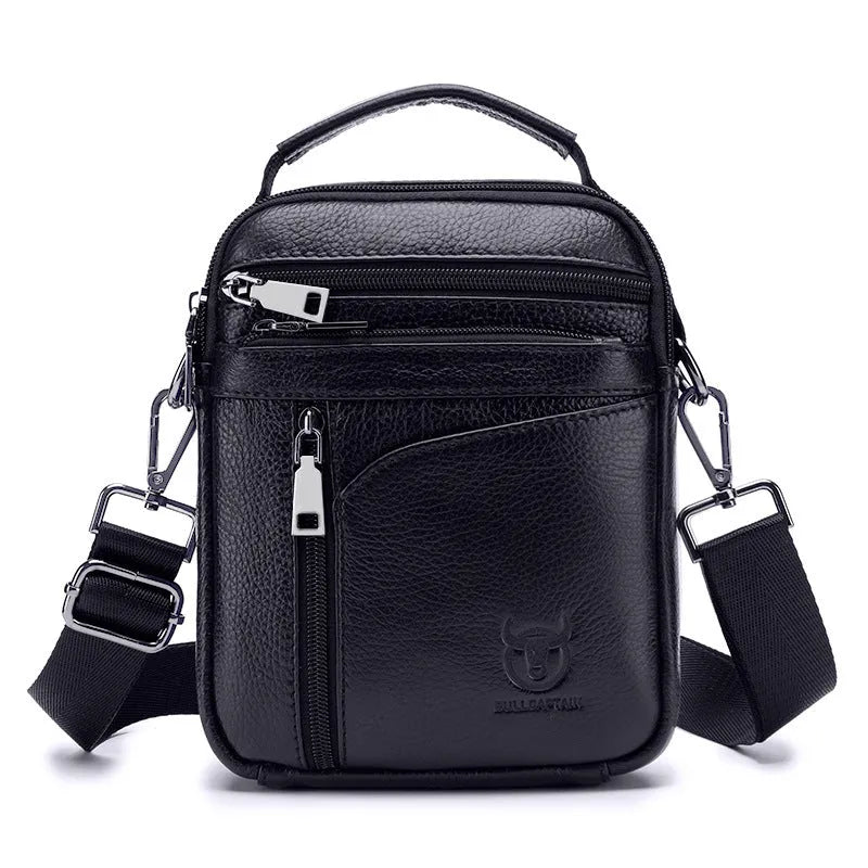 Men's black genuine leather shoulder messenger bag with retro styling and adjustable strap