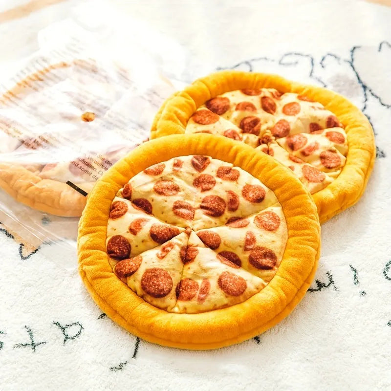 Yellow pizza slice shaped dog chew toy with teddy bear fabric and squeaker for small dogs