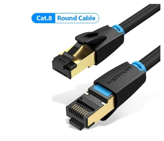 CAT8 shielded flat and round ethernet network cables with RJ45 connectors in various lengths