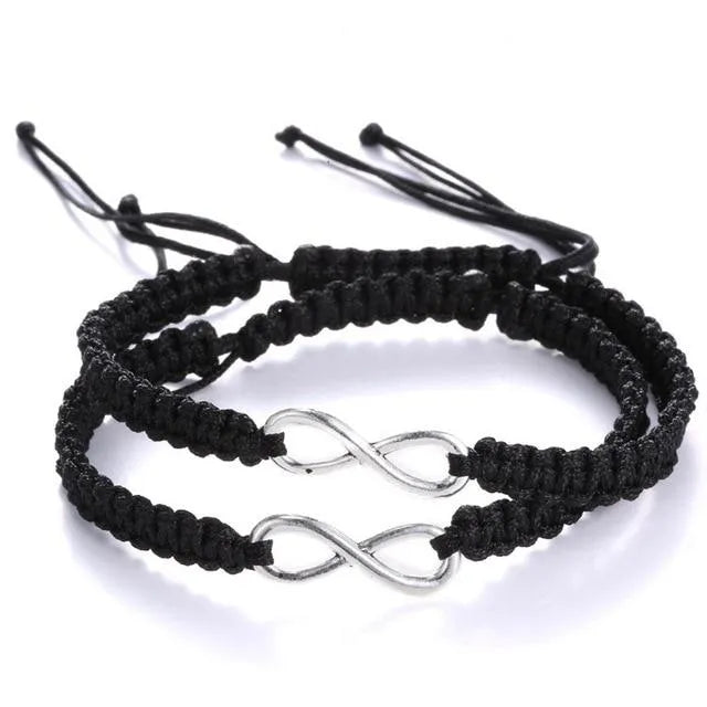 Pair of hand-woven adjustable couple bracelets in alloy electroplating weaving, 17-28cm, 8-character lucky design