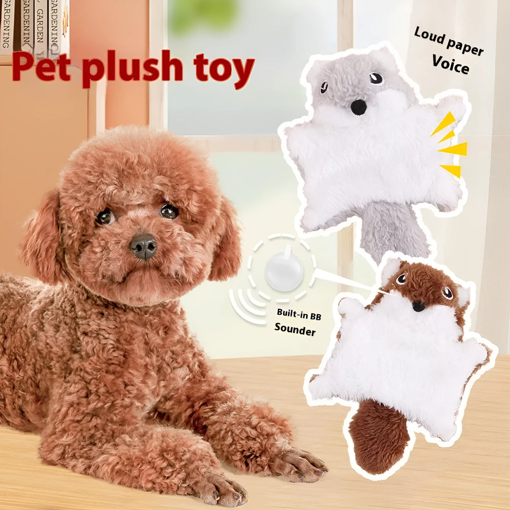 Plush flying squirrel cat teaser toy with ringing paper sound and plastic wand, in brown or gray.