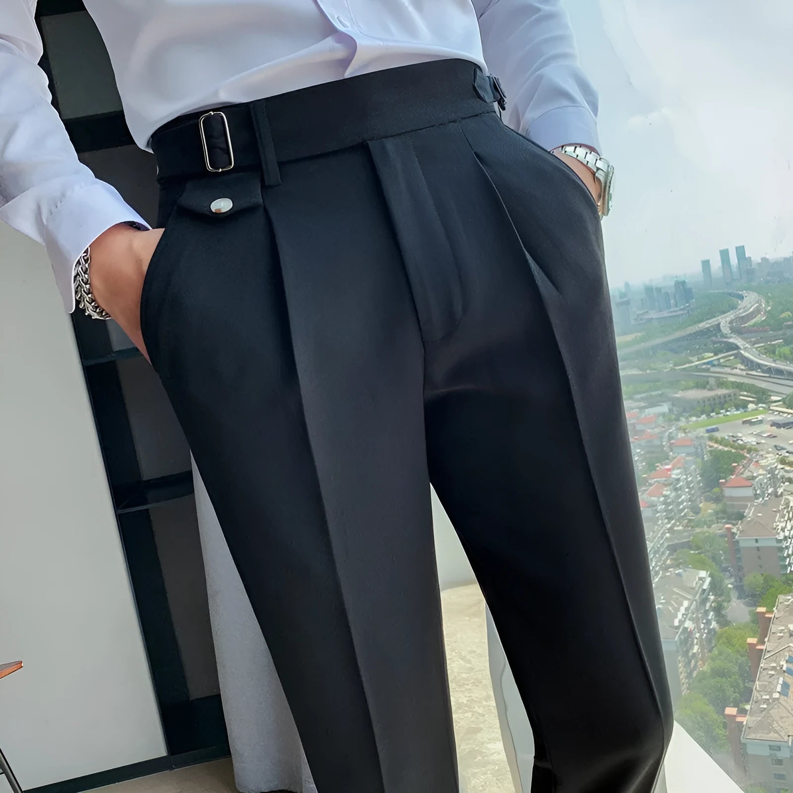 Men's straight-leg casual trousers in solid colours showing straight silhouette and polyester fabric texture