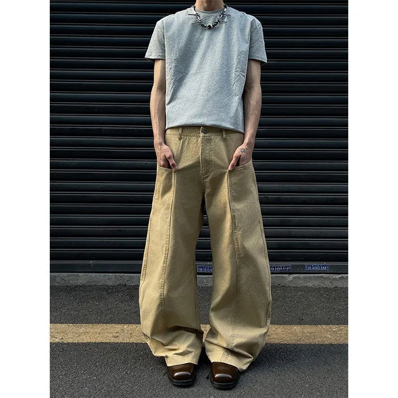 Men's khaki cotton straight-leg casual trousers in American retro style