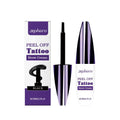 Tearable liquid eyebrow pencil with brush applicator in black, brown, and light brown shades.