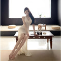 Backless slit strap knit midi dress for women in green or apricot, sleeveless high waist one size