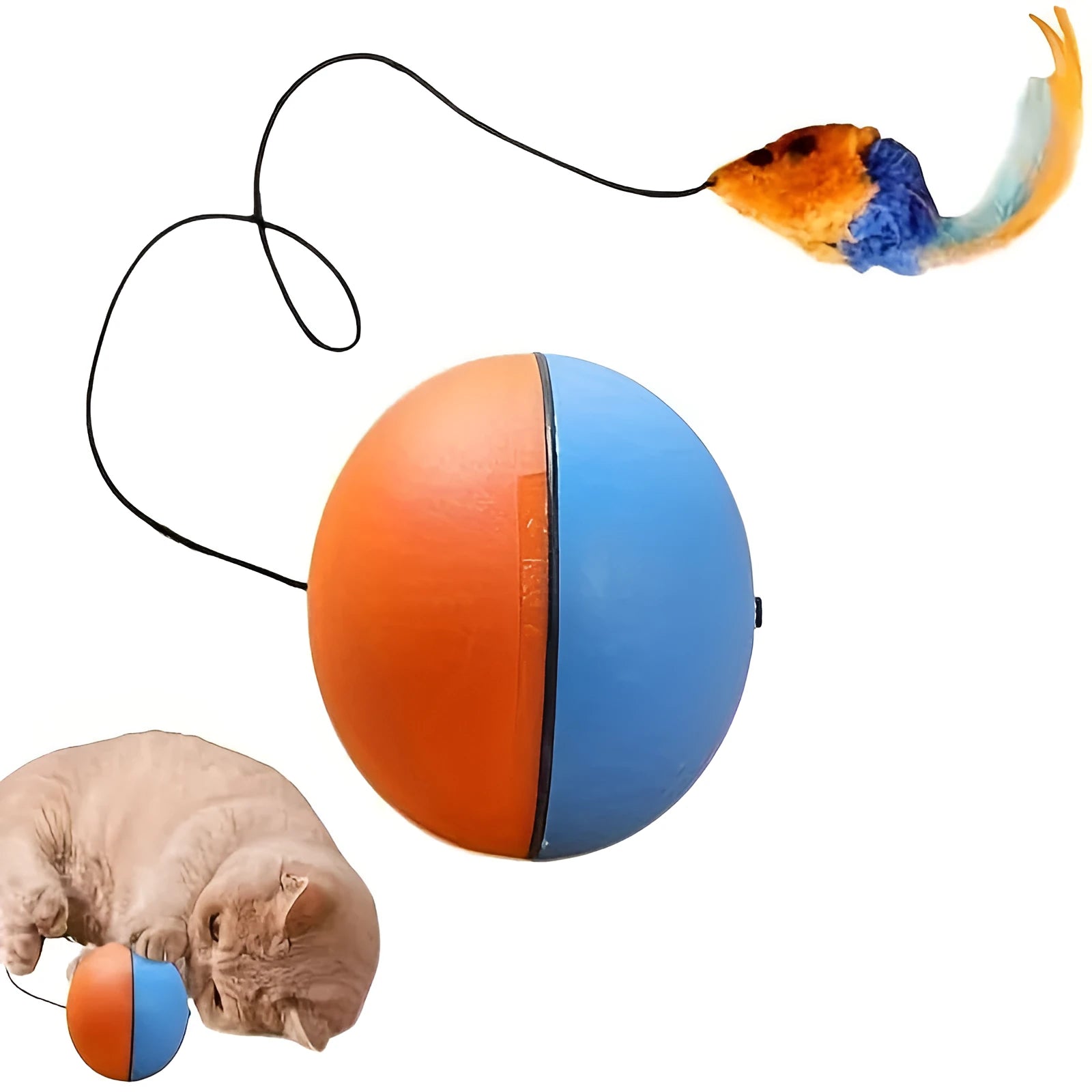 Interactive grey and orange cat toy ball plush mouse measuring 8.5 x 8.5 x 9 cm