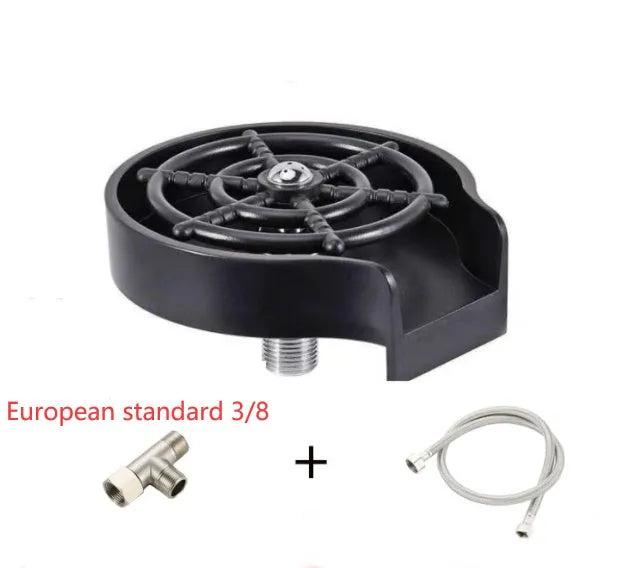 Stainless steel automatic glass washer with black ABS base and copper hose connection