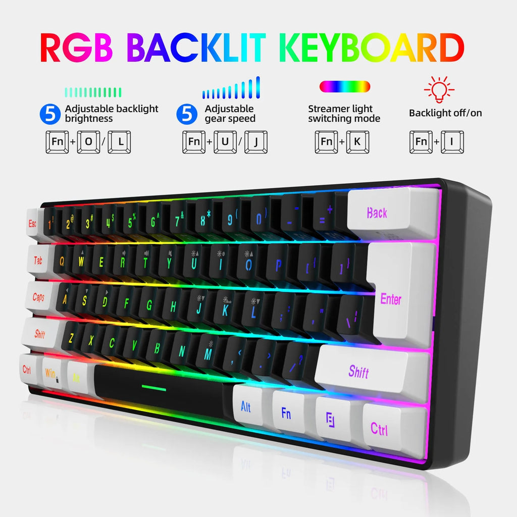 White and black V700WB A869 gaming keyboard and mouse combo with colour backlighting on a desk.