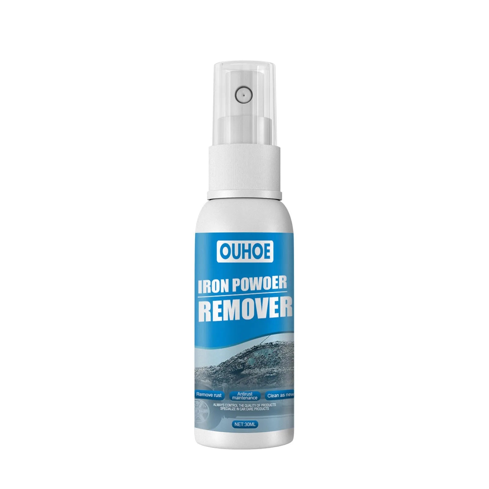 Automotive rust remover spray bottle with iron powder formula for car surfaces