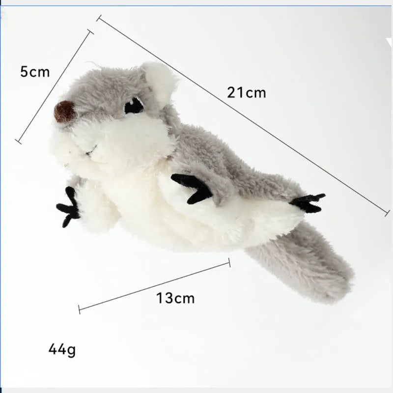 Grey flapping squirrel cat toy with electronic components for interactive feline play