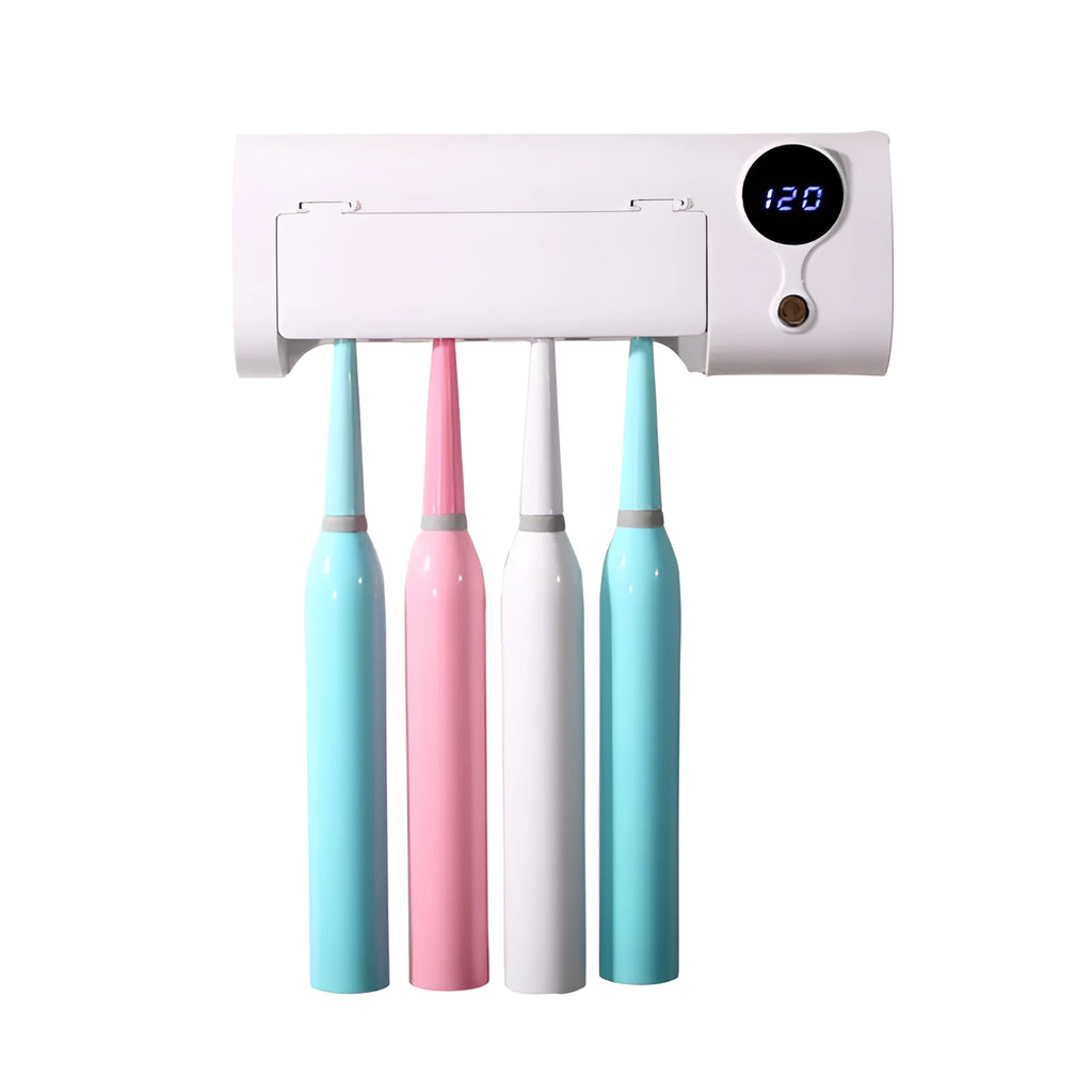 White wall-mounted smart toothbrush sterilizer with USB charging port and button controls