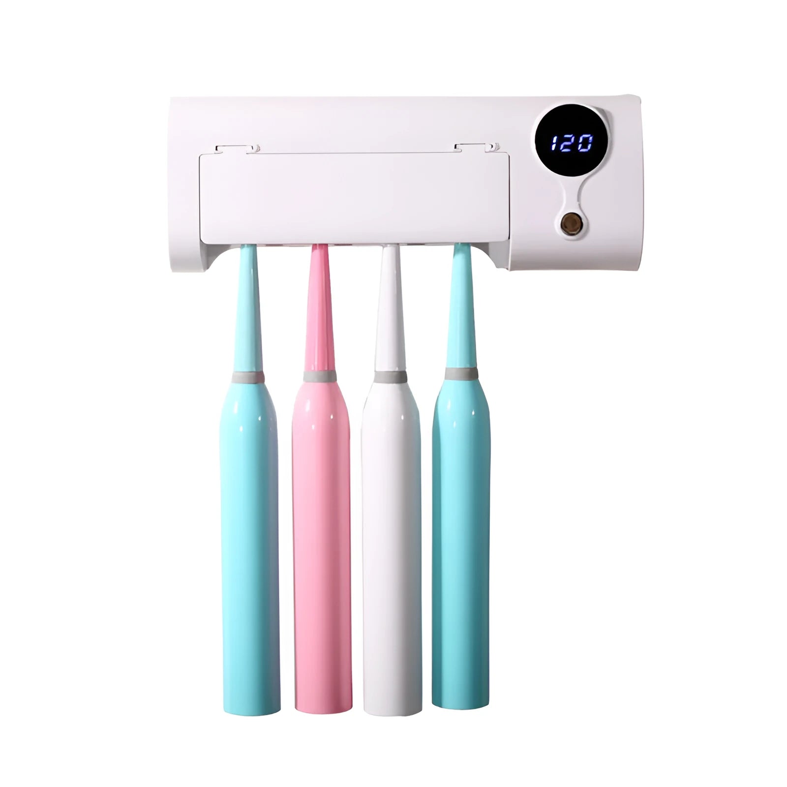 White wall-mounted smart toothbrush sterilizer with USB charging port and button controls
