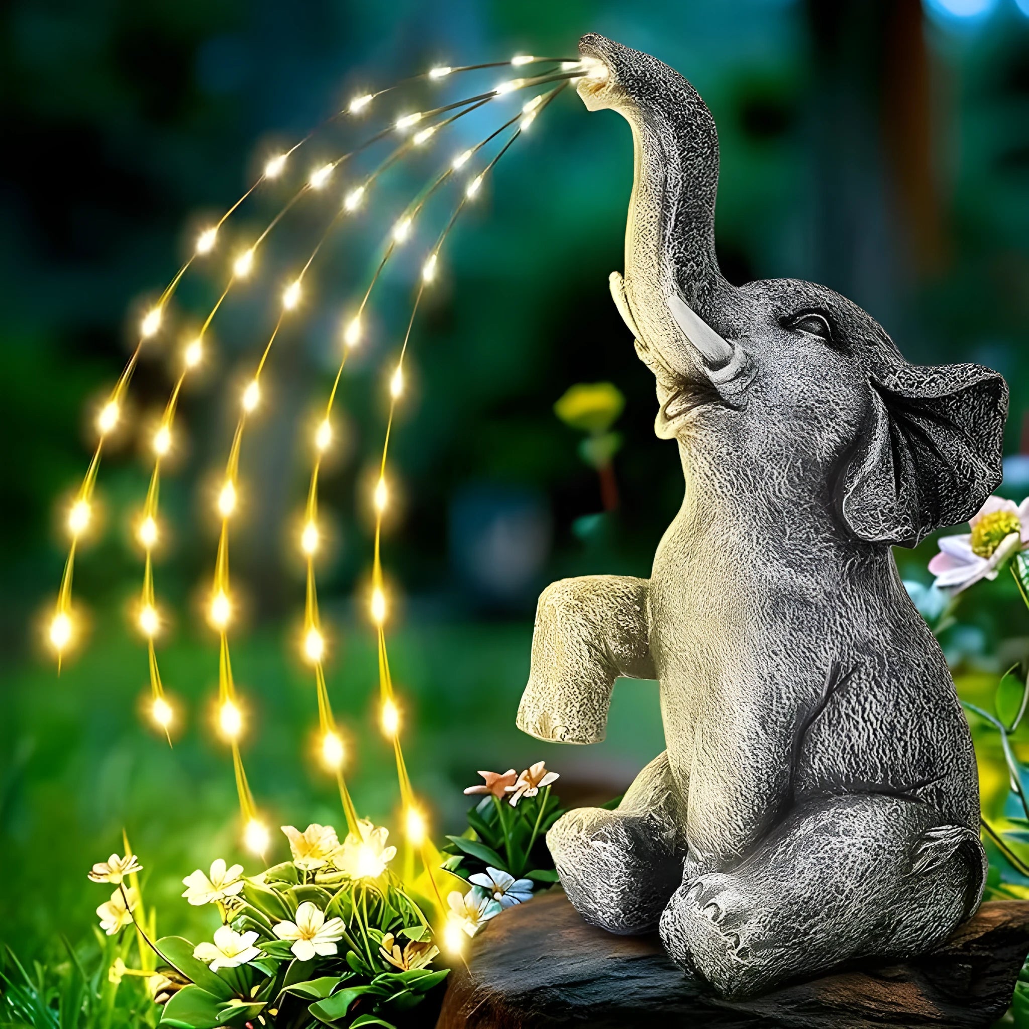 Grey resin elephant garden sculpture with built-in LED light strip for outdoor decoration