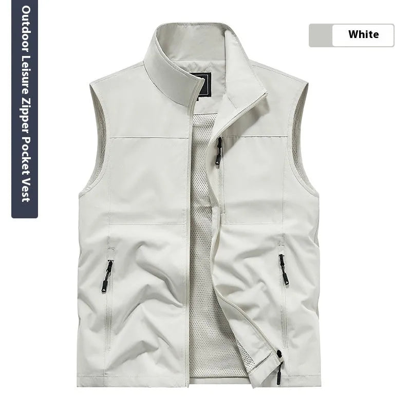 Men's outdoor quick-drying multi-pocket vest in solid colour, loose fit, zip pockets, six colours available