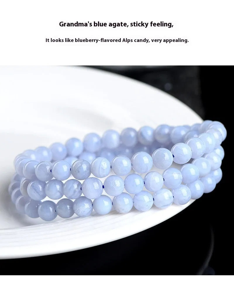 Blue agate beaded bracelet with three-circle design and natural striped patterns on 6-6.8mm stones