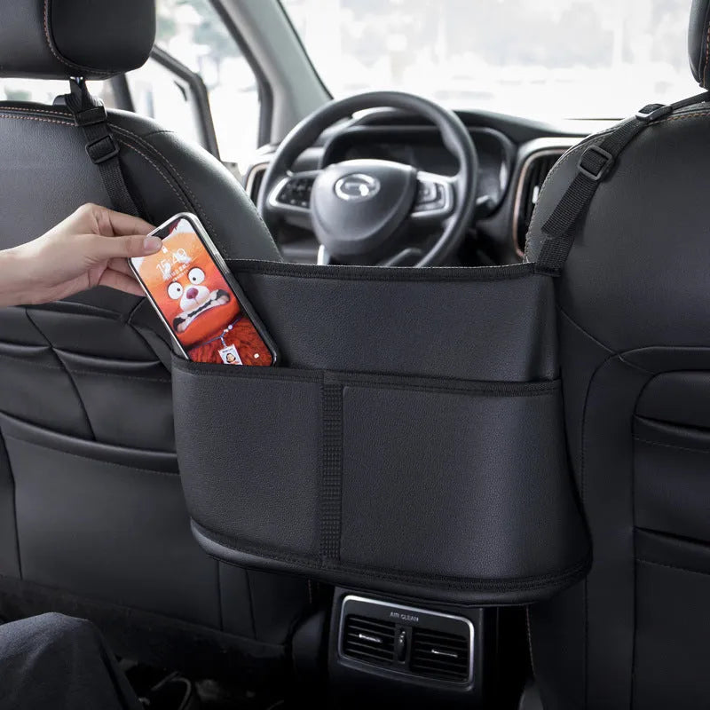 Black leather car seat net pocket storage bag with sports carbon fibre pattern