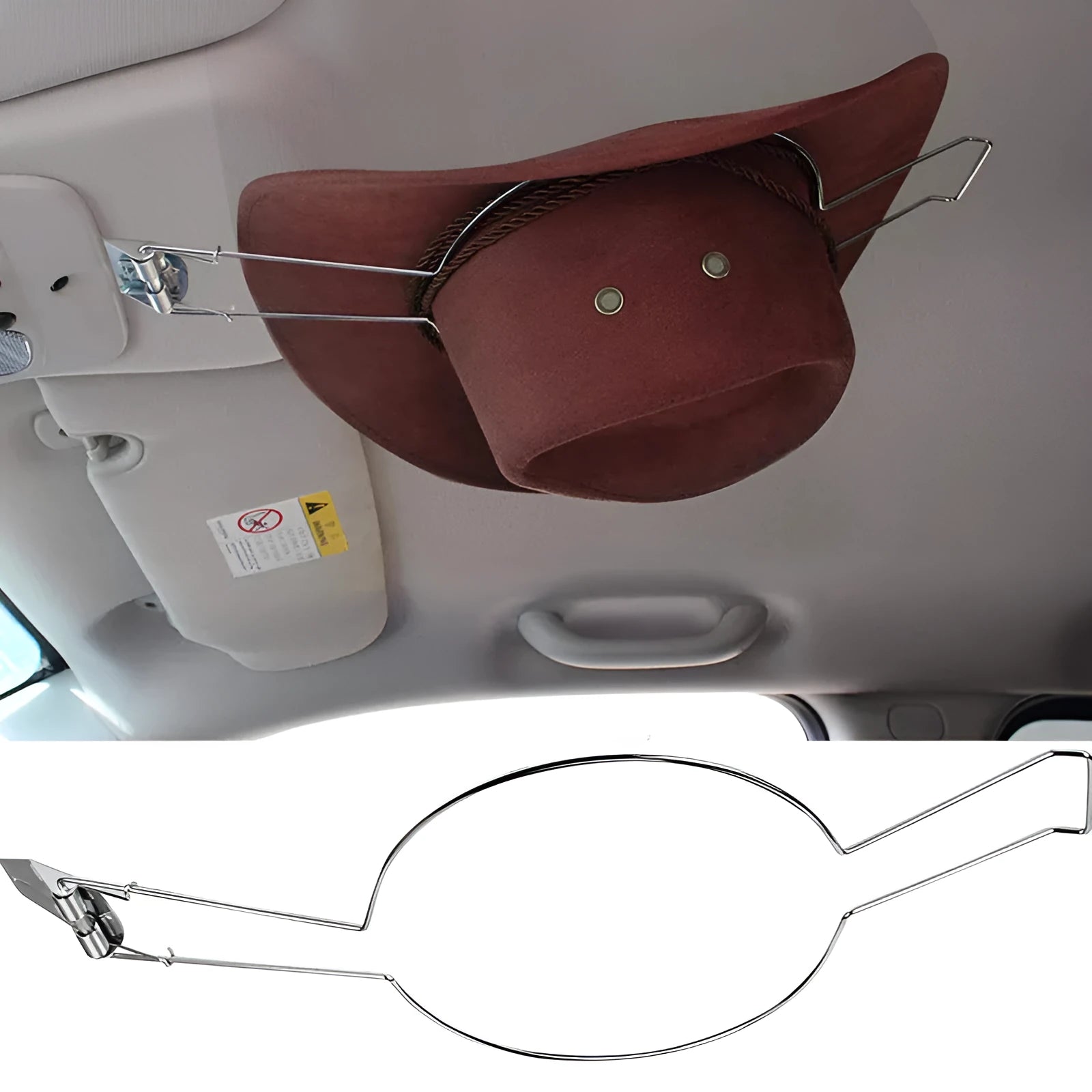 Brown chrome-plated metal car hat stand for interior vehicle storage of caps and hats.