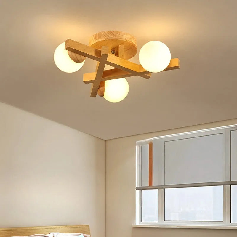 Nordic wooden style ceiling lamp with three light heads for living room modern design