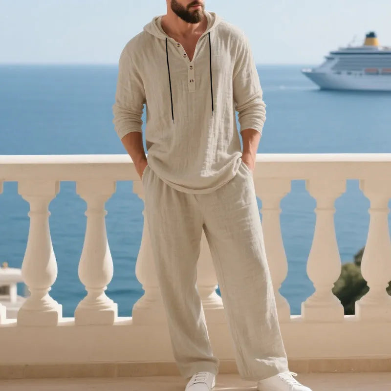 Men's cotton blend hooded loungewear set with long sleeves and pants in khaki colour