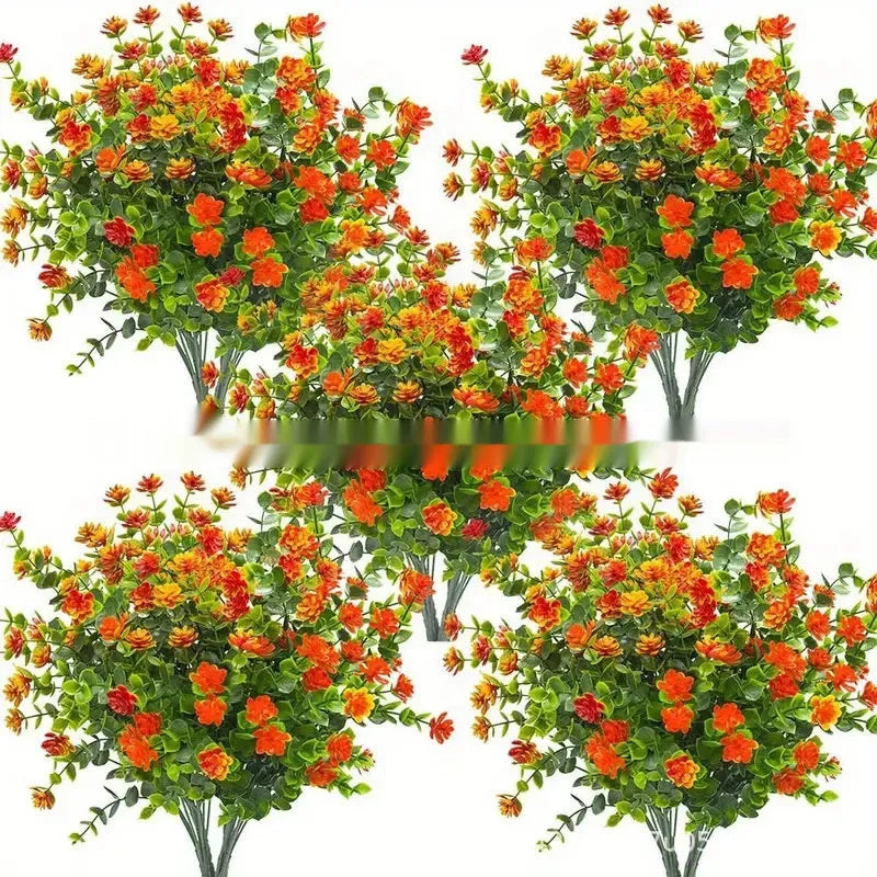 Emulational plastic artificial bouquet with eucalyptus and camellia design in mixed colours on white background